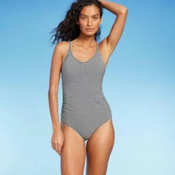 Kona Sol Textured Gingham Ruched Full Coverage One Piece Swimsuit Size Small - Picture 2 of 9